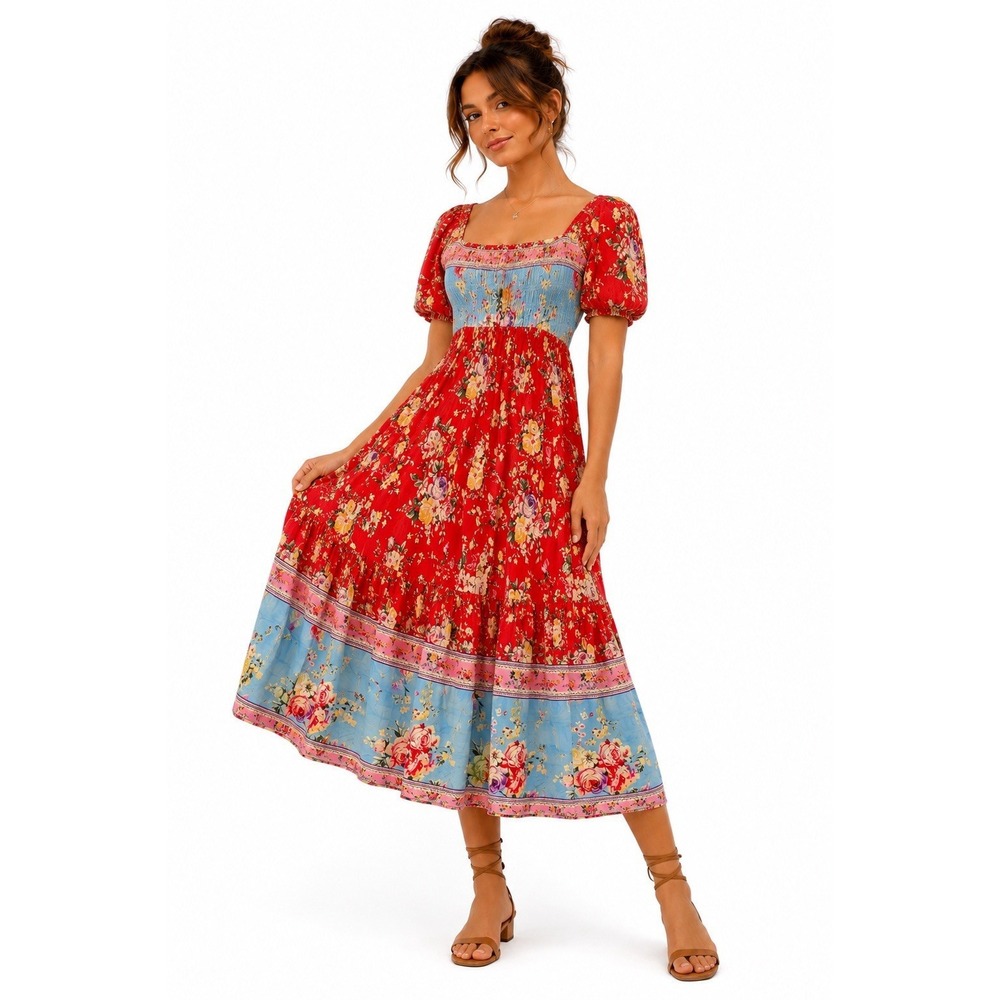 Hotouch Red Floral Boho Prairie Midi Dress Smocked Small Cottagecore Vacation